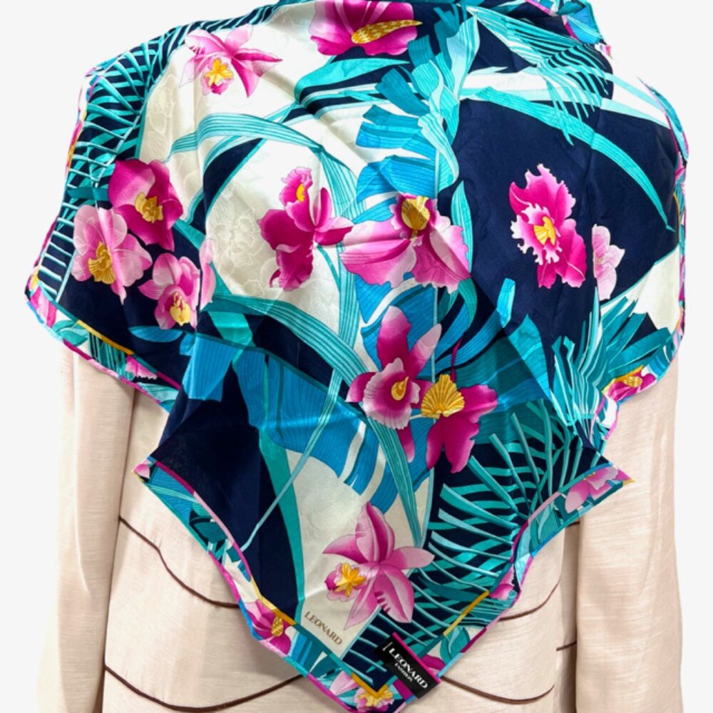 New Tag On Leonard  Scarf Cotton/Silk 22"  Black Blue Green Pink floral (54)